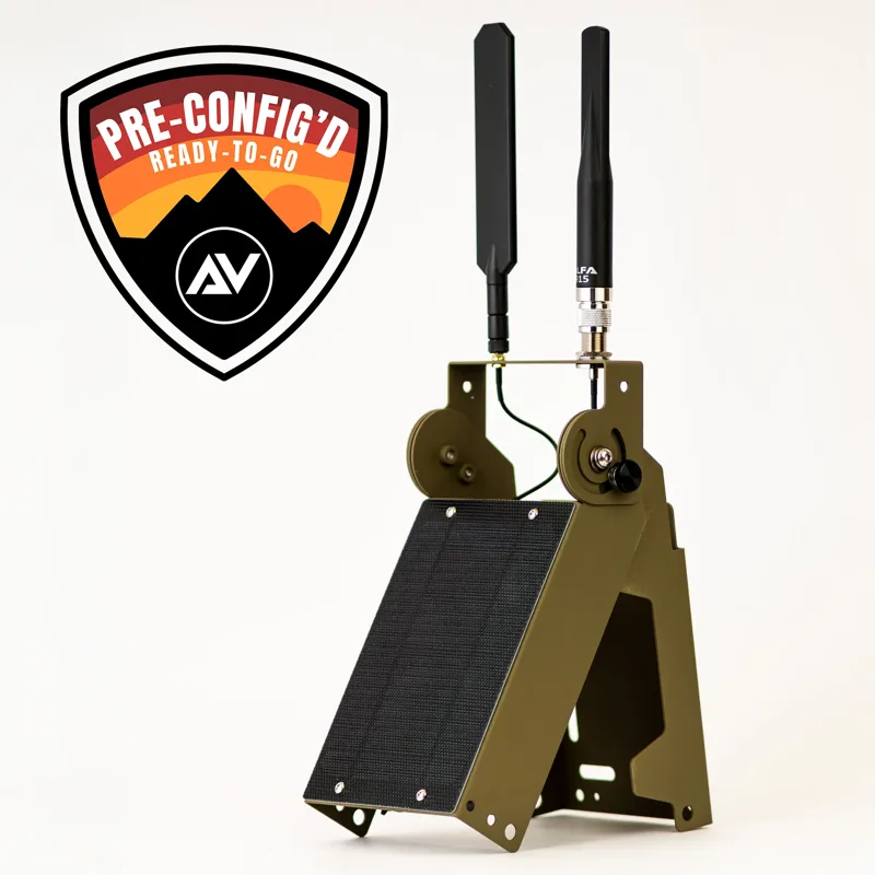 Atlavox pre-configured solar Meshtastic repeater node with dual antennas and solar panel