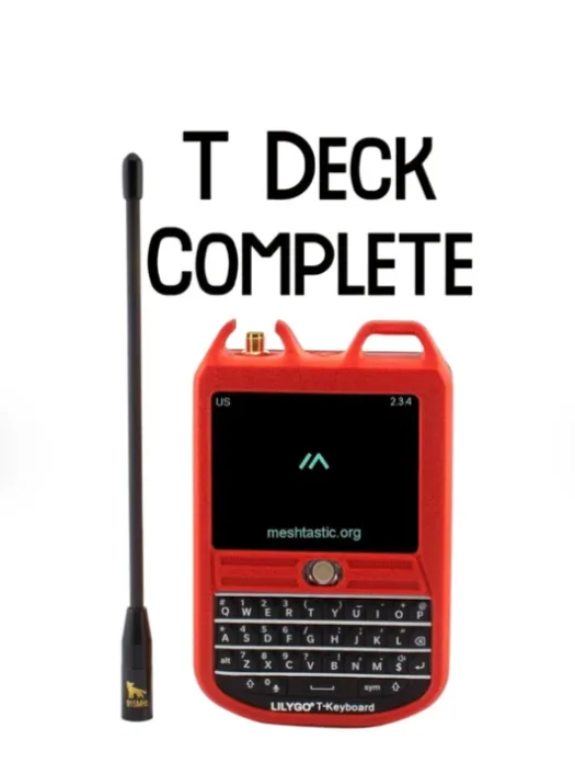 LilyGO T-Deck Complete Meshtastic kit in red with QWERTY keyboard, color screen showing meshtastic.org, and antenna